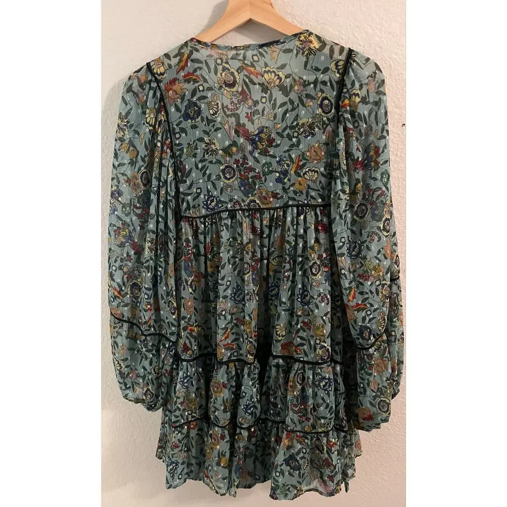 Free People Chiffon Green Floral Smocked Babydoll Tunic Dress Boho Peasant Large